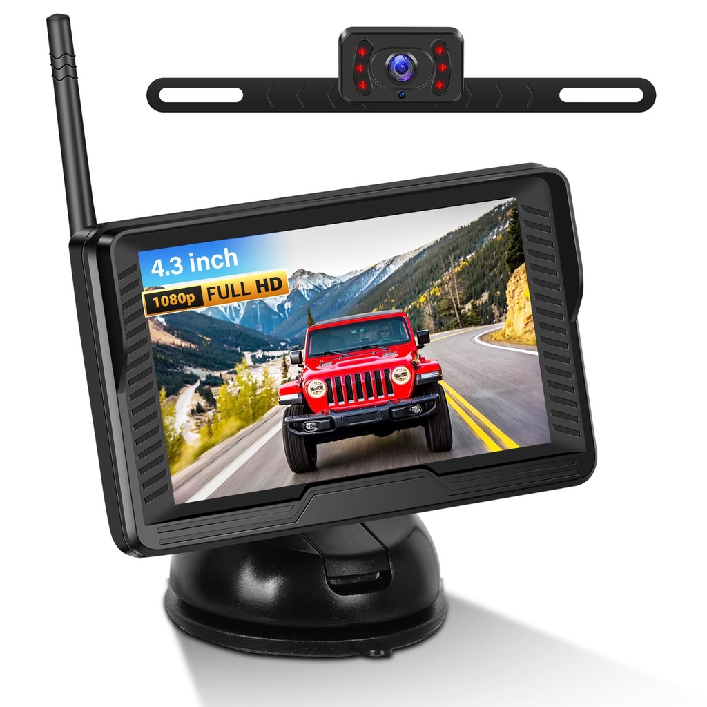 CAMECHO Wireless Rear View Camera Kit Night Vision Reversing Camera 4.3 inch IPS Screen IP69