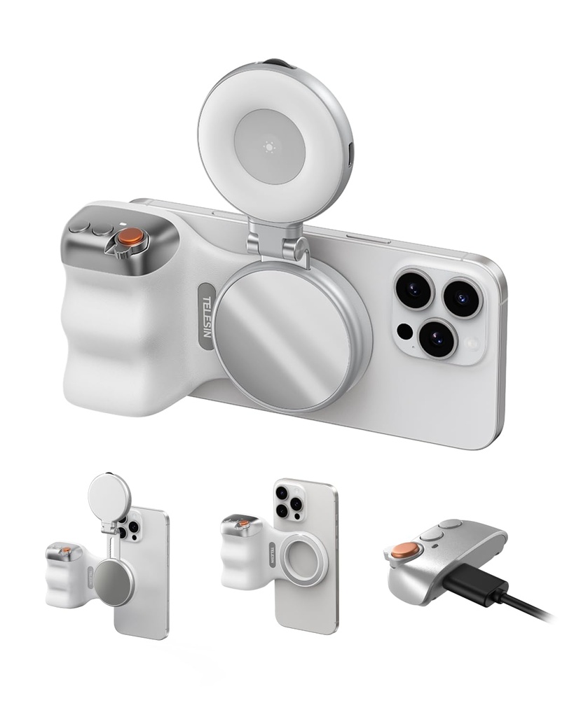 TELESIN Fun Shot Magnetic Phone Camera Grip + C03 Magnetic Selfie Light (Silver) Bundle Kit
