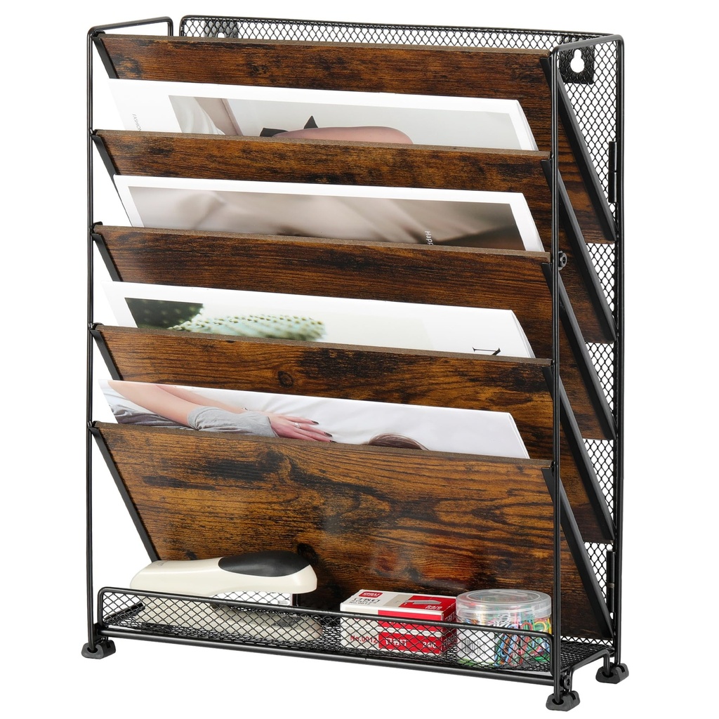 Solinxe 5-Pocket Wood Desk Tidy Organiser, A4 Wall Mounted Document Holder, Vertical Magazi