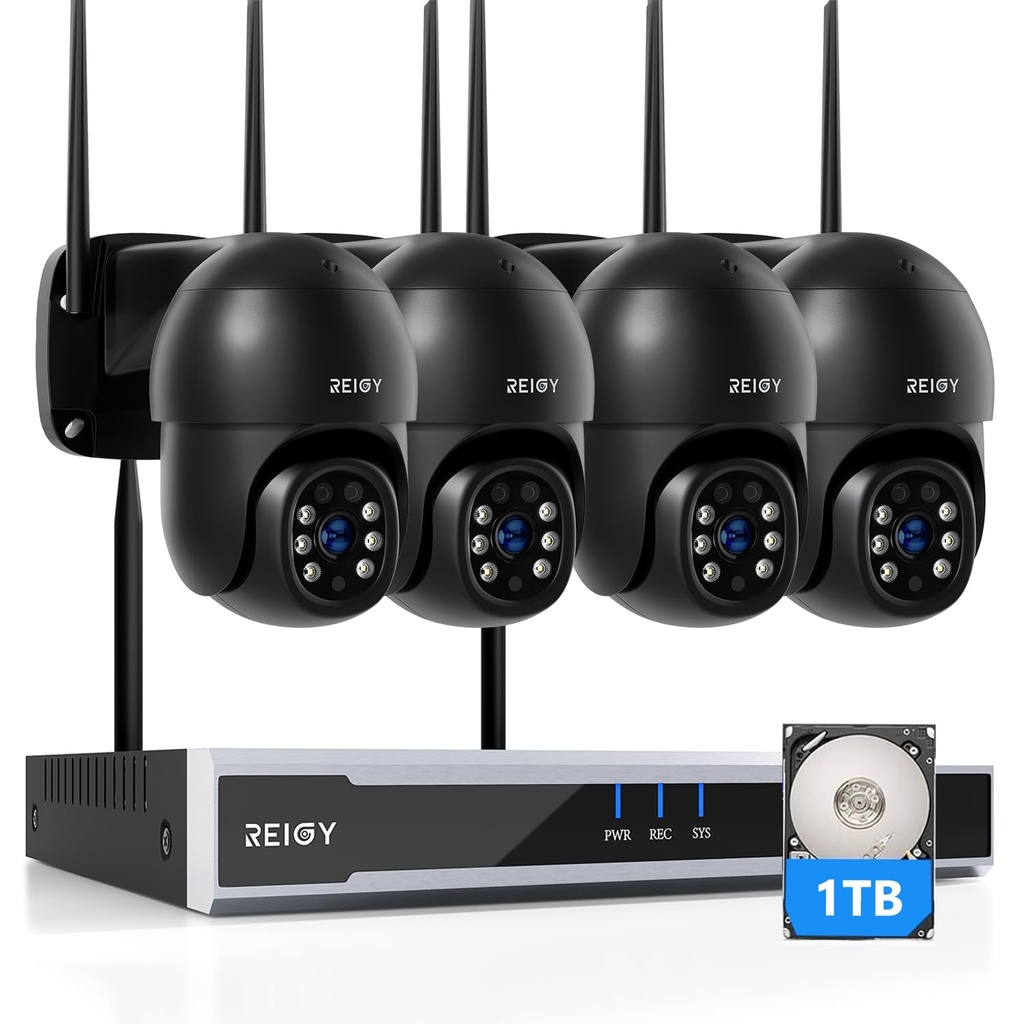 REIGY 8MP Wireless CCTV Camera System Outdoor Pre-installed 1TB Hard Drive, WIFI Security C