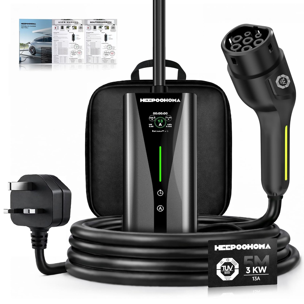EV Charger 5M, 3 kW 6-13A 3 Pin EV Charger, Portable Electric Car Charger Cable Type 2 to 3