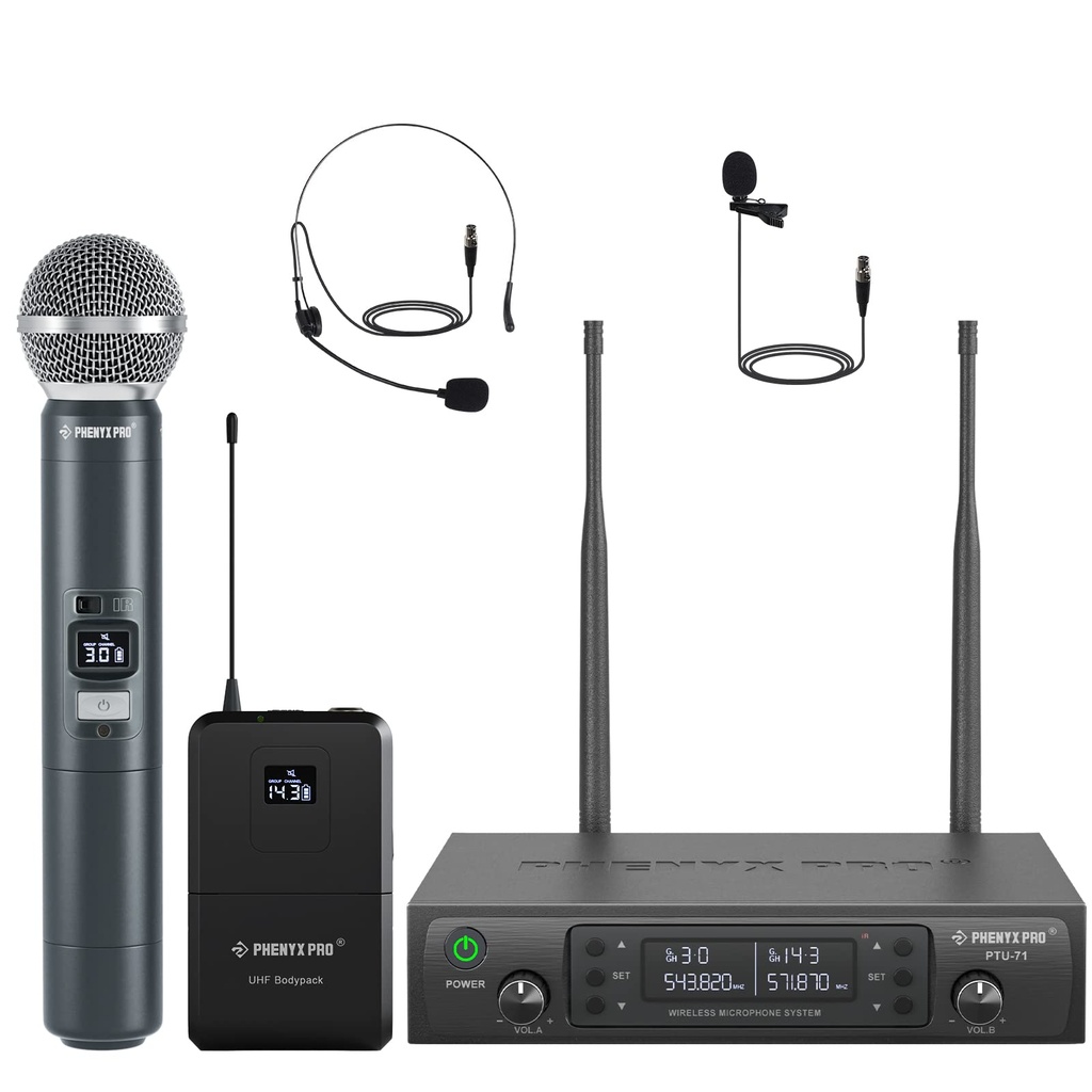 Phenyx Pro Wireless Microphone System, Dual Mic Set with Handheld/Bodypack/Lapel Mics,2x100