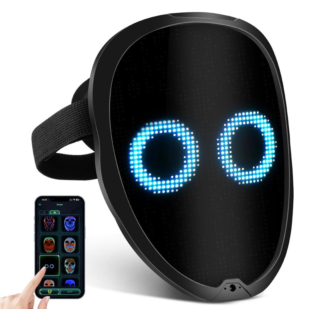 LED Light Up Face Mask, Rechargeable LED Mask with Gesture Sensing Face Transforming Modes,