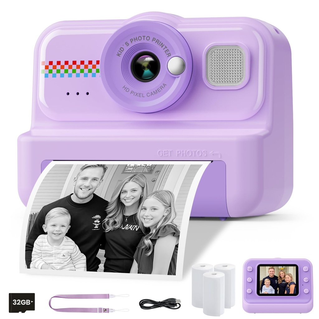 HiMont Kids Camera Instant Print, 1080P Instant Print Camera for Kids with 32GB Card & 3 Ro