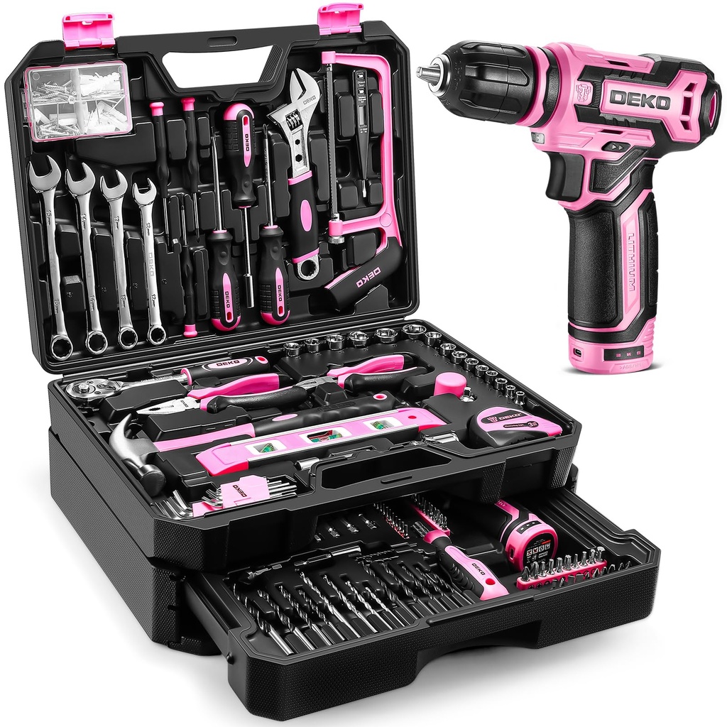 Pink Tool Kit Box Drill SetÂ´?ÃœDEKO Home Mechanic Toolbox with 12V Power Cordless Drill Ha