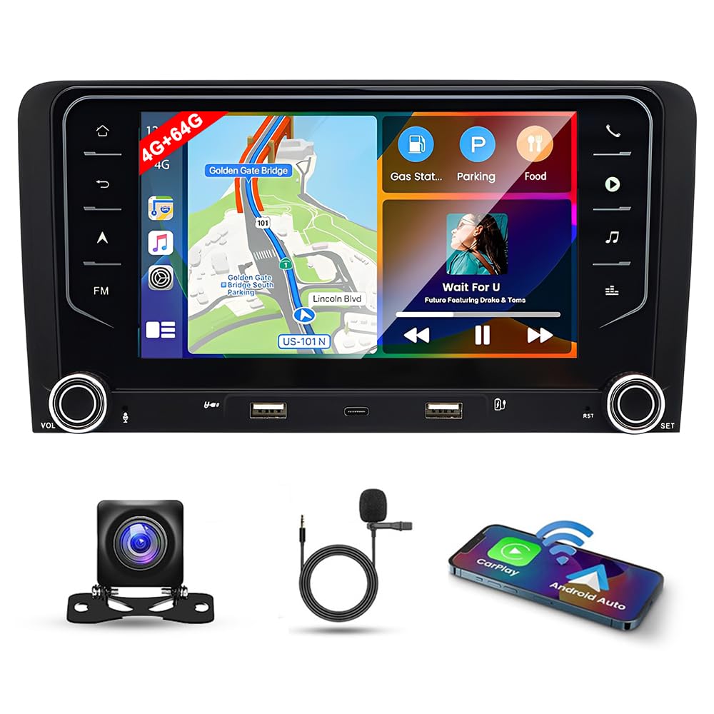 7 Inch 4G+64G Android 14 Car Stereo for Audi A3 S3 RS3 2003-2012 IPS Touch Screen 2 Din Car
