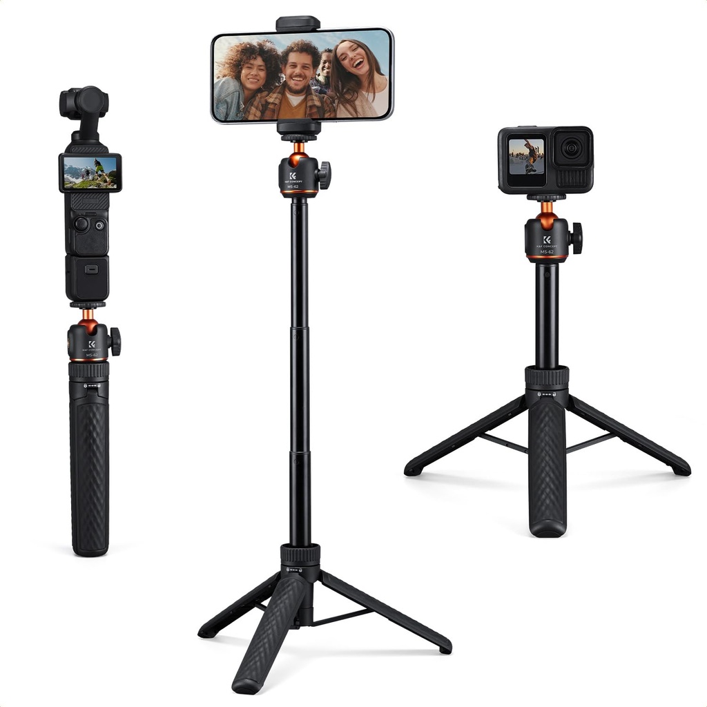K&F CONCEPT 65cm/25.6" Selfie Stick Tripod with Cold Shoe, Compact Mini Tripod for Phone an