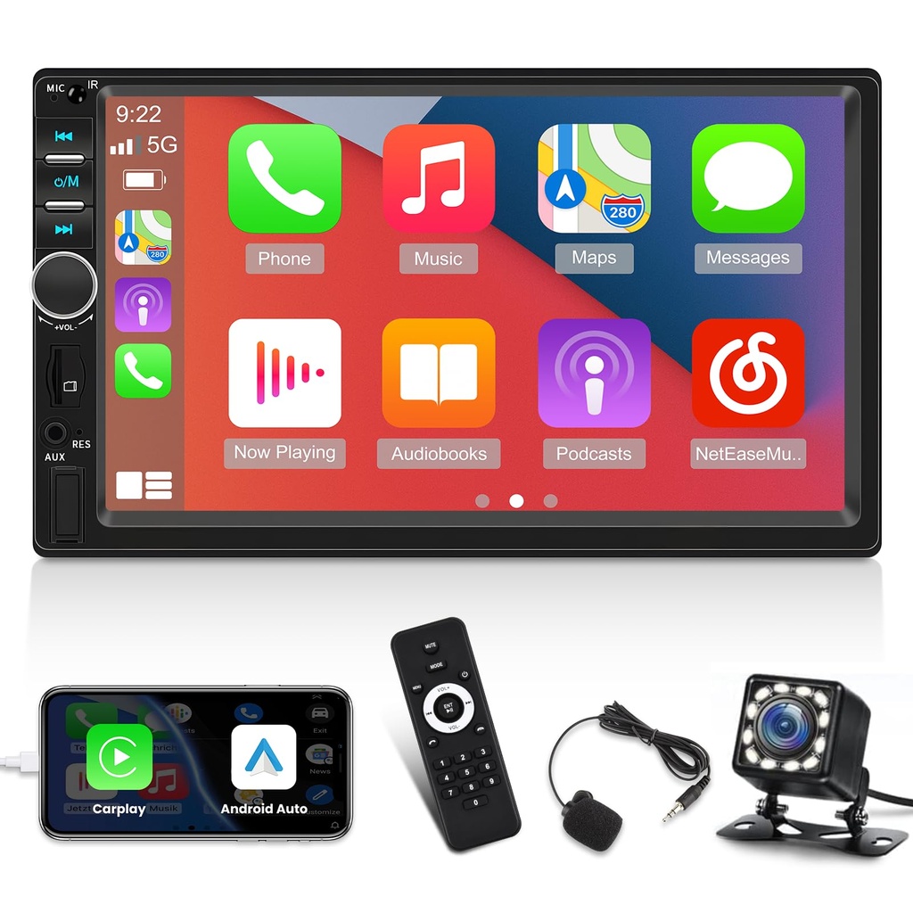 7 inch Double Din CarPlay Car Stereo with Car Play and Android Auto, 7inch Touch Screen Rad