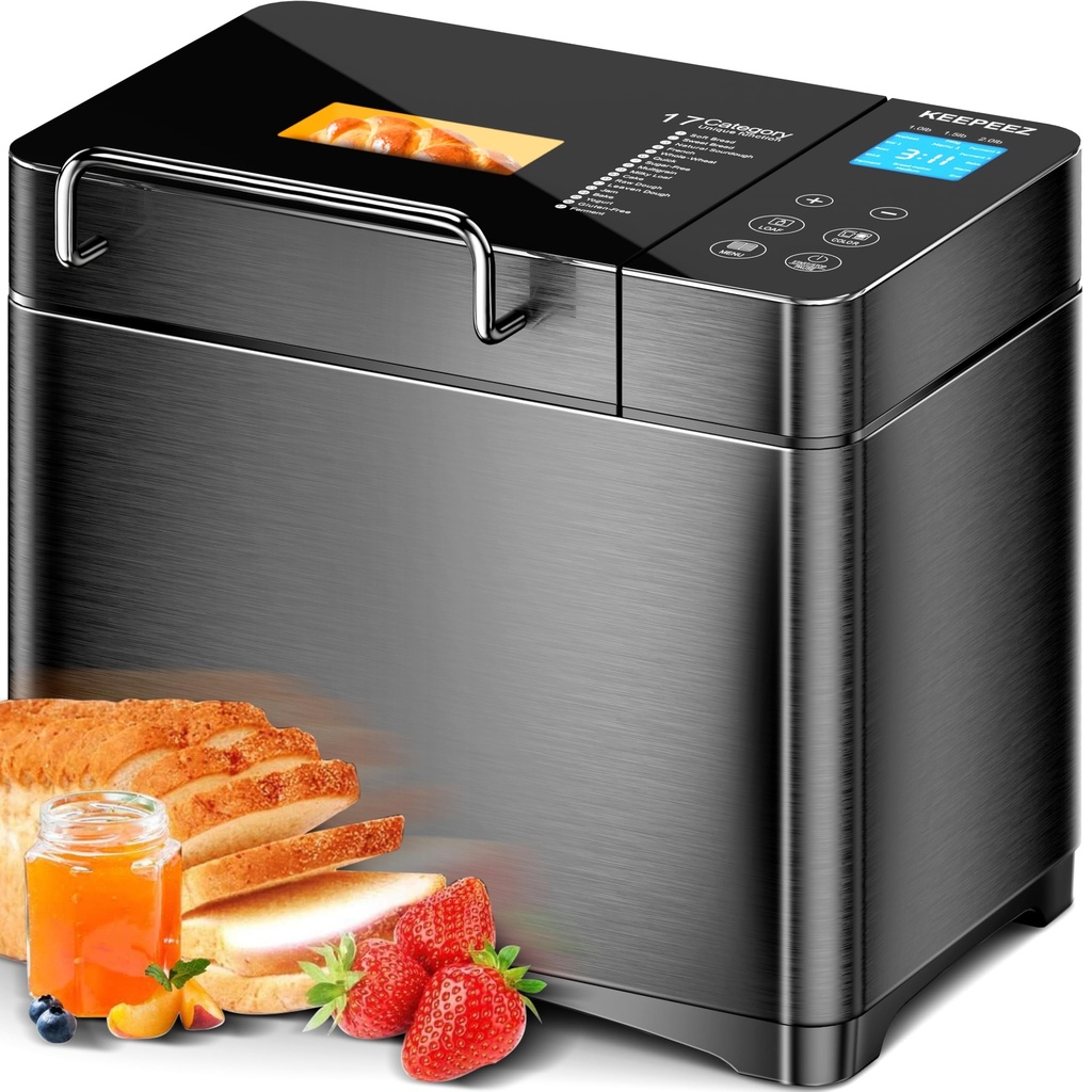 KEEPEEZ 2LB 710W Convection Bread Maker Dual Heaters, 17-in-1 Stainless Steel Automatic 