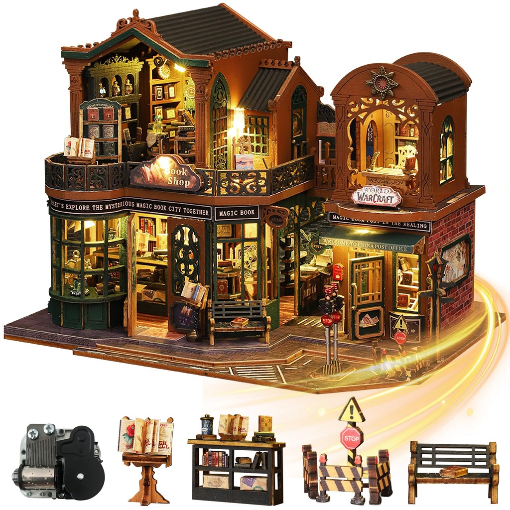 Mostop DIY Miniature Dollhouse Kit, Wooden Dollhouse Kit Miniature House Kit with LED Light