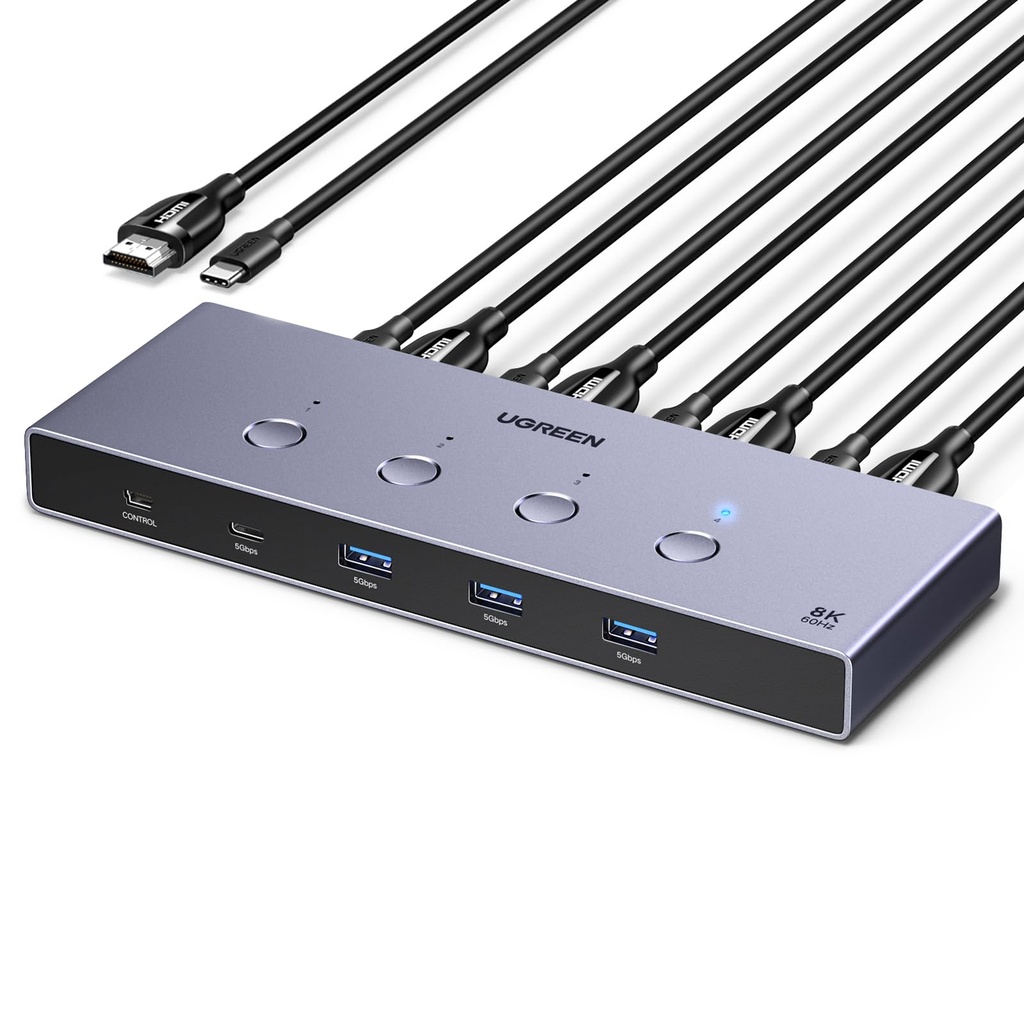UGREEN HDMI KVM Switch 4 PC 1 monitor Support 8K@60Hz, 4 Port USB KVM Switches 