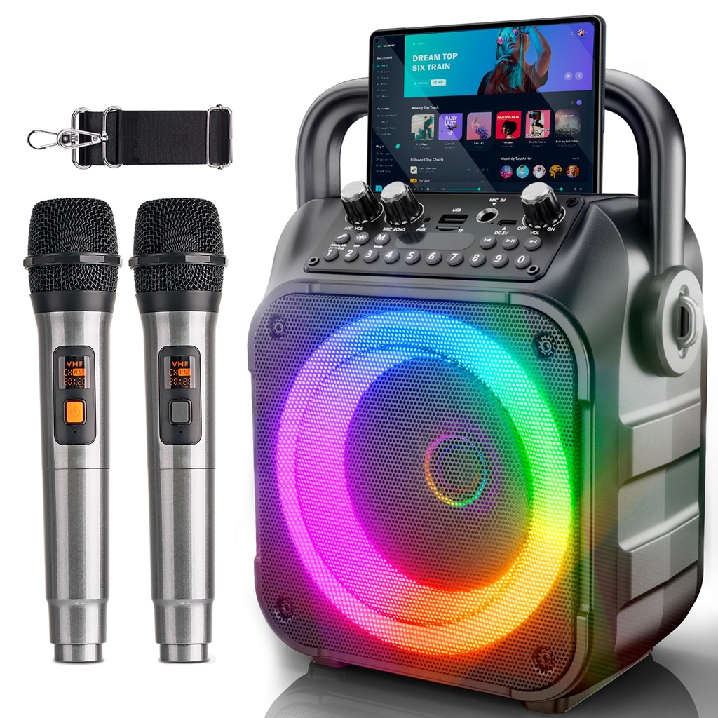 Karaoke Machine with 2 Wireless Microphones: [Newest] Portable Bluetooth Karaoke Speaker
