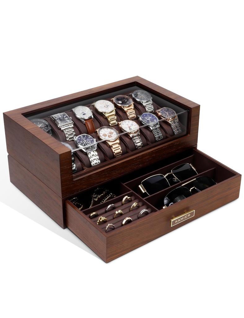 KAMIER High End Watch Box for Men, 12 Slot Wooden Watch Case With Drawer, Watch Display Box