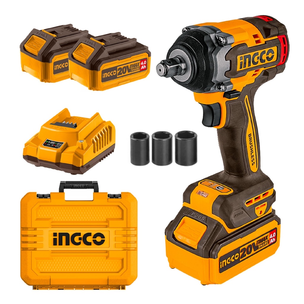 Ingco Brushless Impact Wrench 500Nm Nut-Busting Torque 650Nm, 20V Cordless 1/2Inch Battery