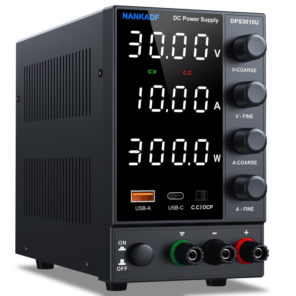 NANKADF DC Power Supply, 30V 10A Bench Power Supply with USB-A/Type-c Fast Charging Port
