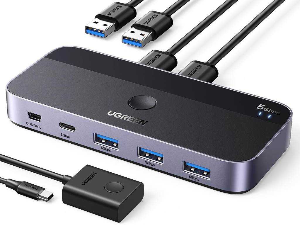 UGREEN USB 3.0 Switch,2 In 4 Output USB Switcher,2 Computers Share Type C and 3 Type A