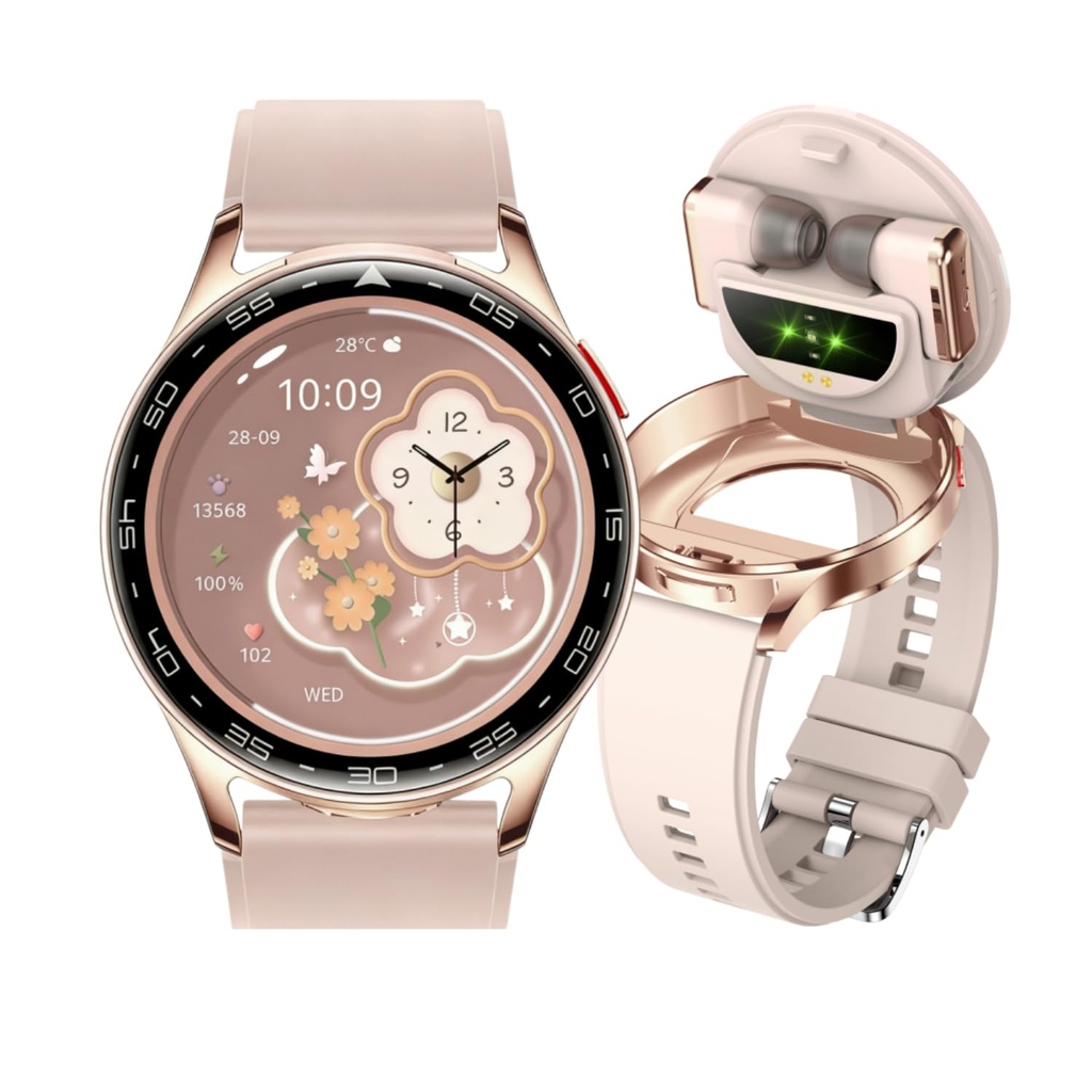 Rainbuvvy Smart Watch with Earbuds, 1.39'' Round Fitness Watch for Men Women, Long Time Stan