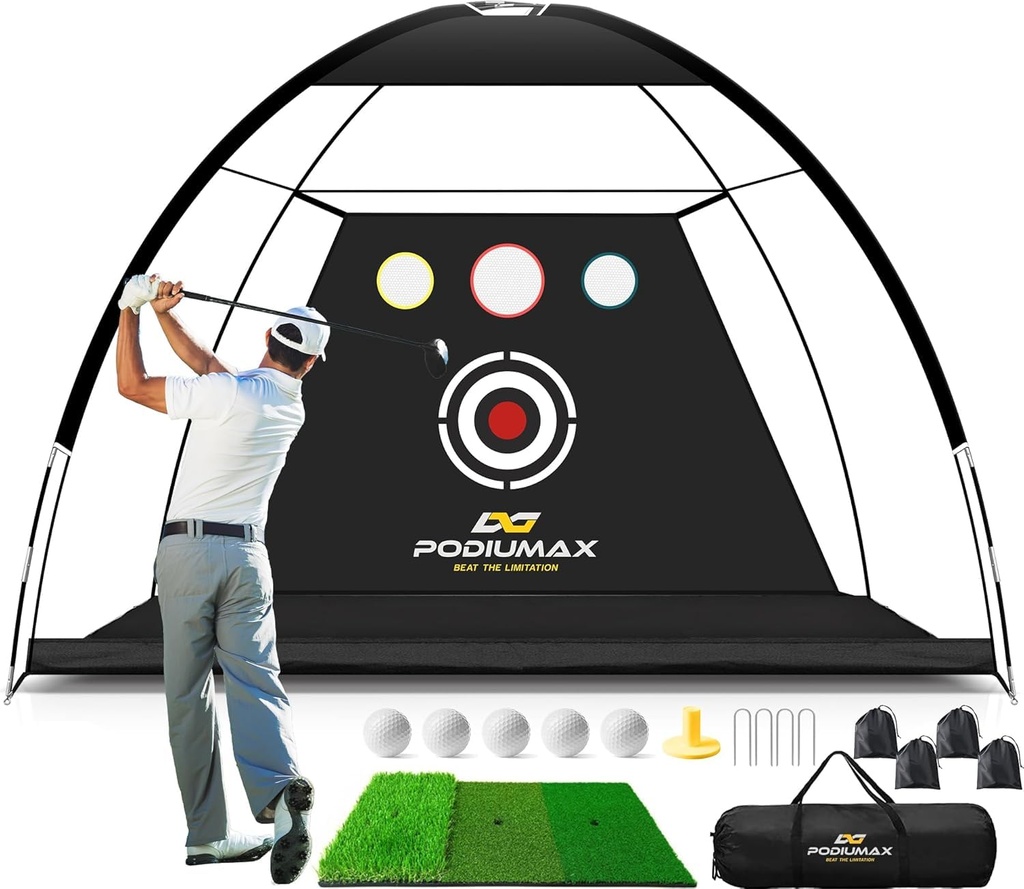 PodiuMax Golf Practice Net, 10x7ft Durable Golf Nets with Carry Bag/ 5 Balls/ 4 Sandbags/Te