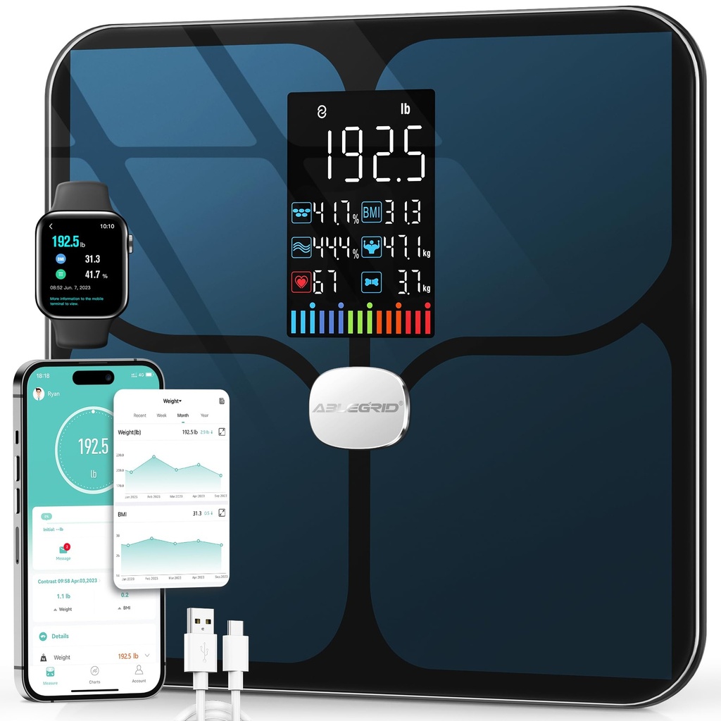 ABLEGRID Body Fat Scale,Digital Smart Bathroom Scale for Body Weight,Large Color Display Scale