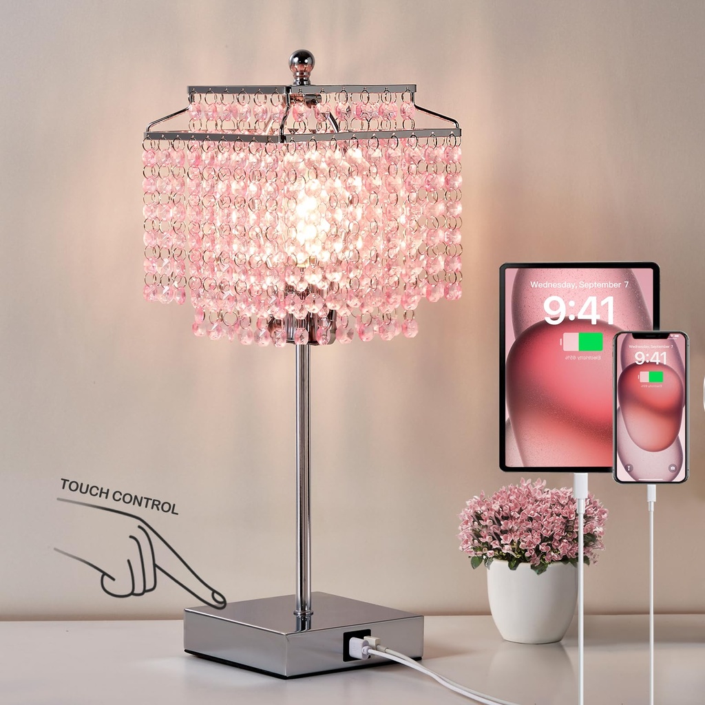 GyroVu Crystal Table Lamp, Pink Touch Lamp with USB C+A Ports, Dimmable Bedside Lamp for Ni