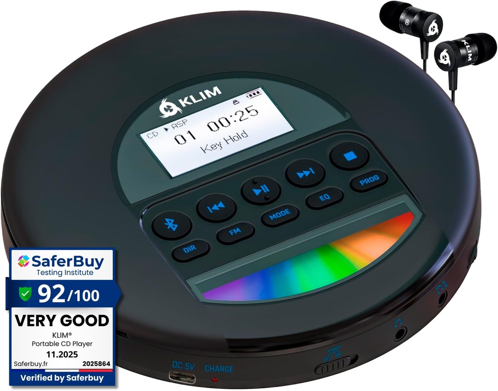 KLIM Nomad - Portable CD Player with Long-Lasting Battery - with Headphones - Radio FM - Com