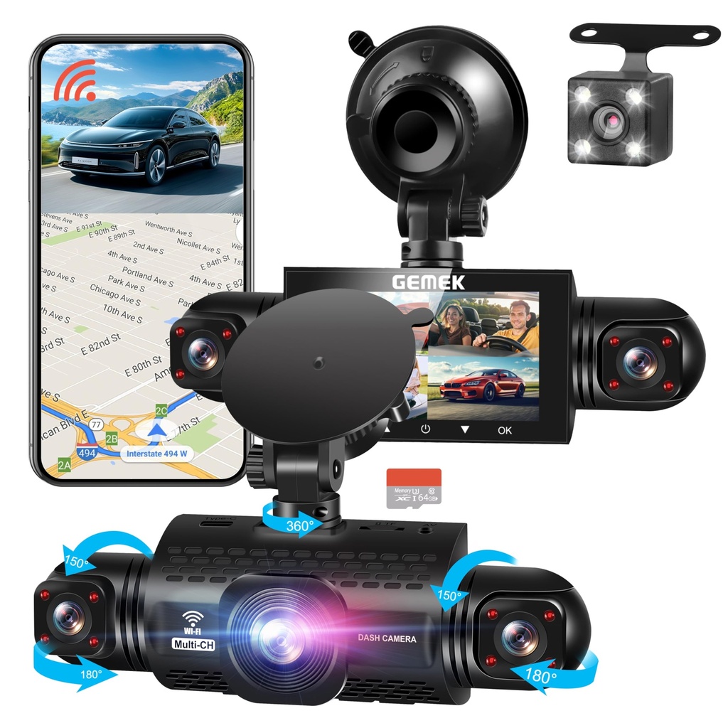 360 Degree View 4 Channel Dash Cam 5G WiFi & App Control, GEMEK 2K Front and Rear Inside, L