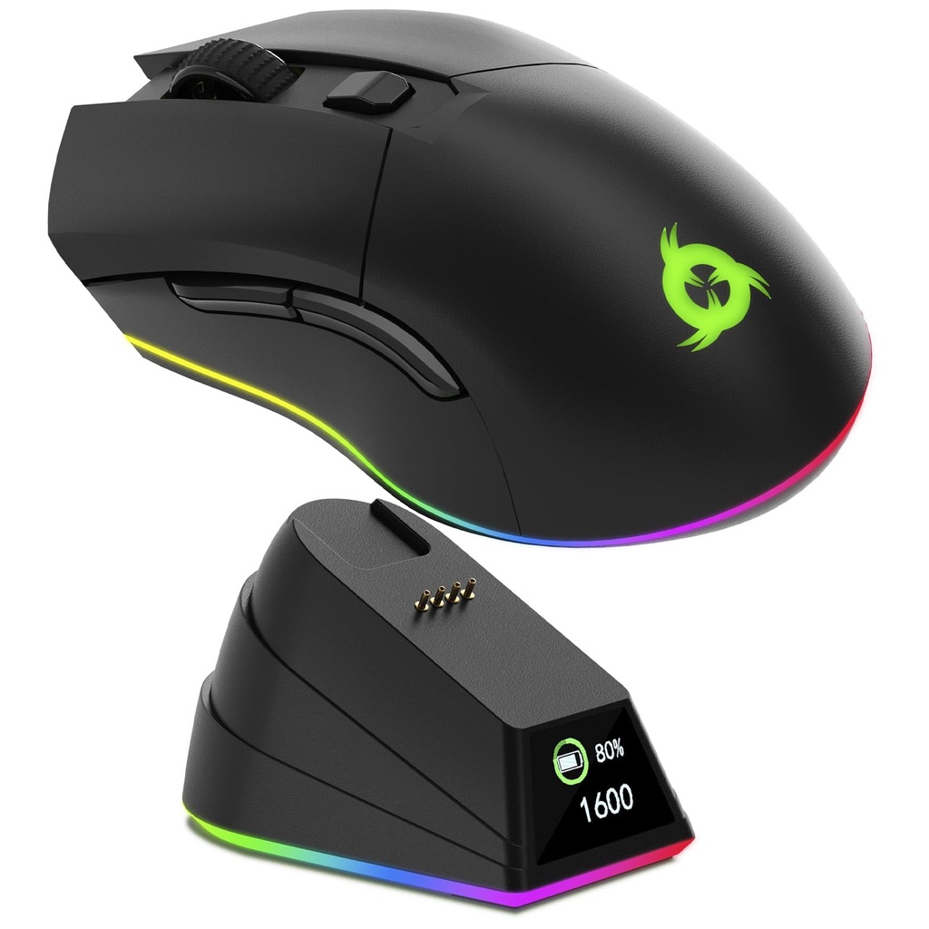 KLIM Blaze Pro Rechargeable Wireless Gaming Mouse with Charging Dock RGB & LCD Display - New