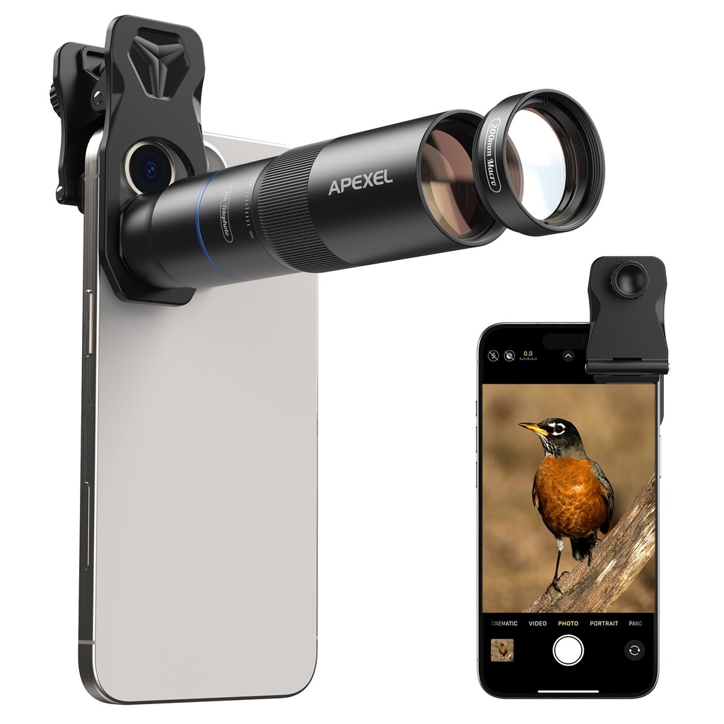 APEXEL Compact 10x Telephoto Lens & 200mm Macro Lens for Phones with Universal Clip