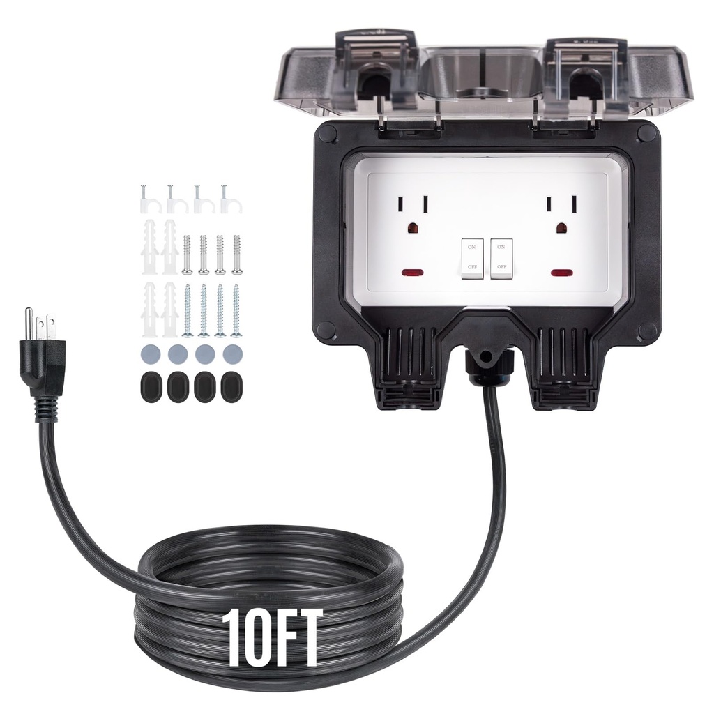 PJERJZN IP66 Waterproof Outdoor Power Outlet,2-Gang Socket with 10/20/33ft Extension Cord,