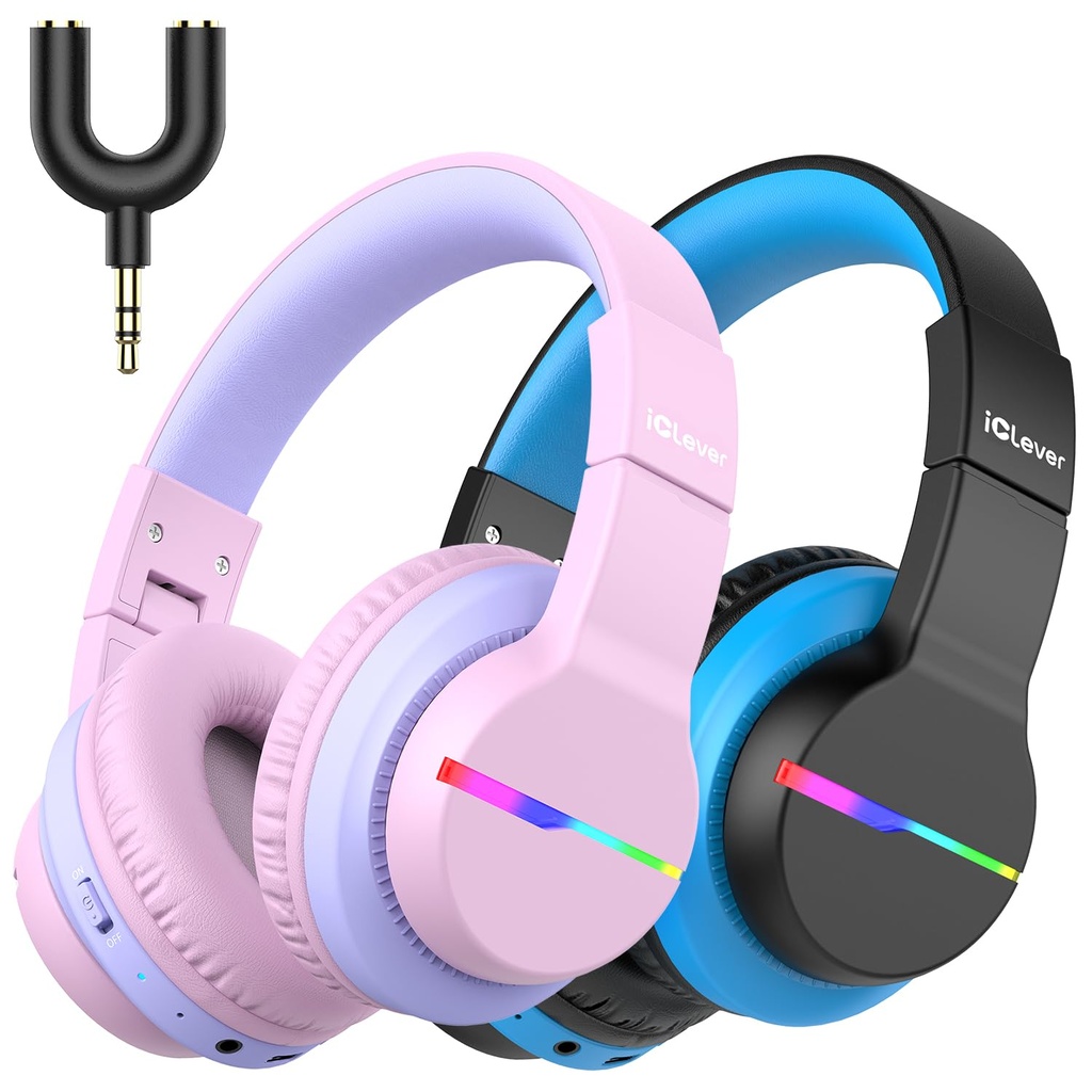 iClever Bluetooth Kids Headphones, BTH12 Colorful LED Lights Kids Wireless Headphones Over E