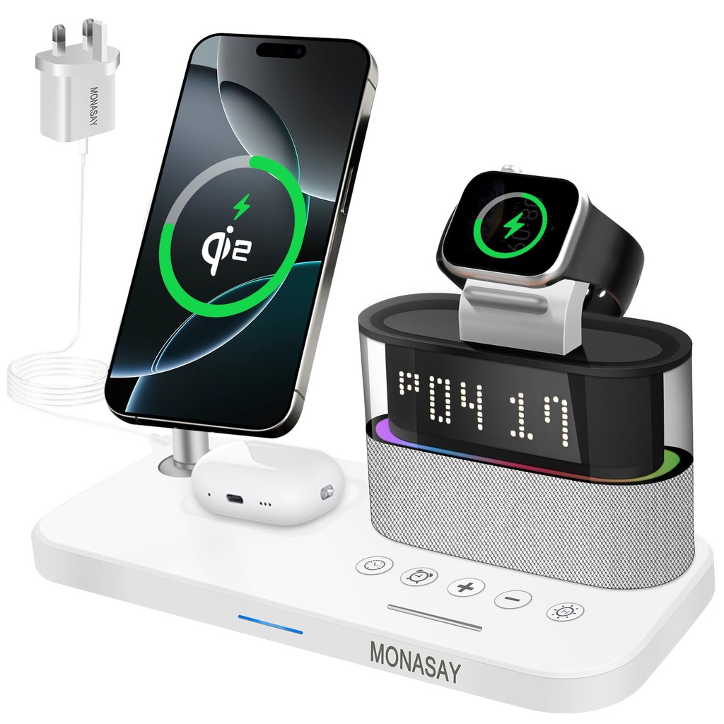 MONASAY Wireless Charging Station Qi2 5 in 1, 23W Wireless Charger with Alarm Clock for Mult