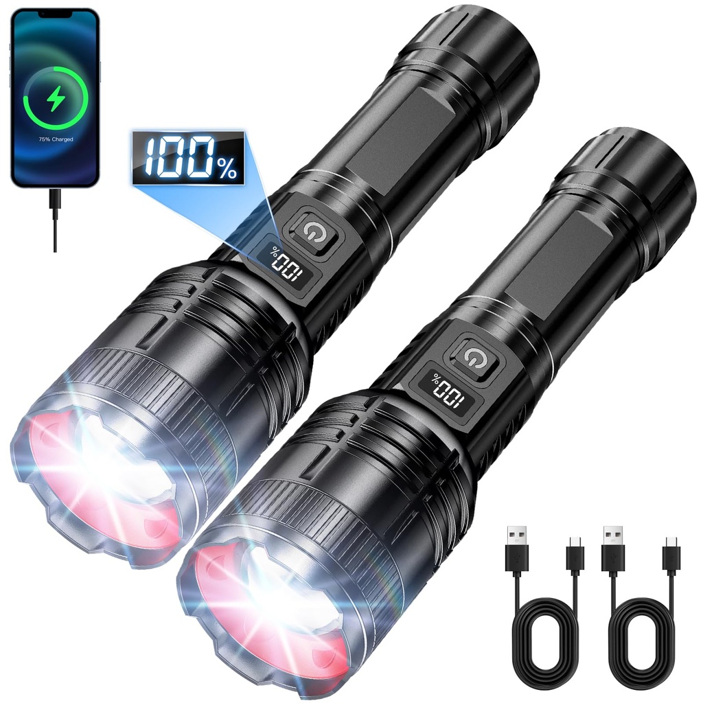 SWZA 500000 Lumens Torches LED Super Bright, USB Rechargeable Torches 2 Pack Zoomable, 5 Modes