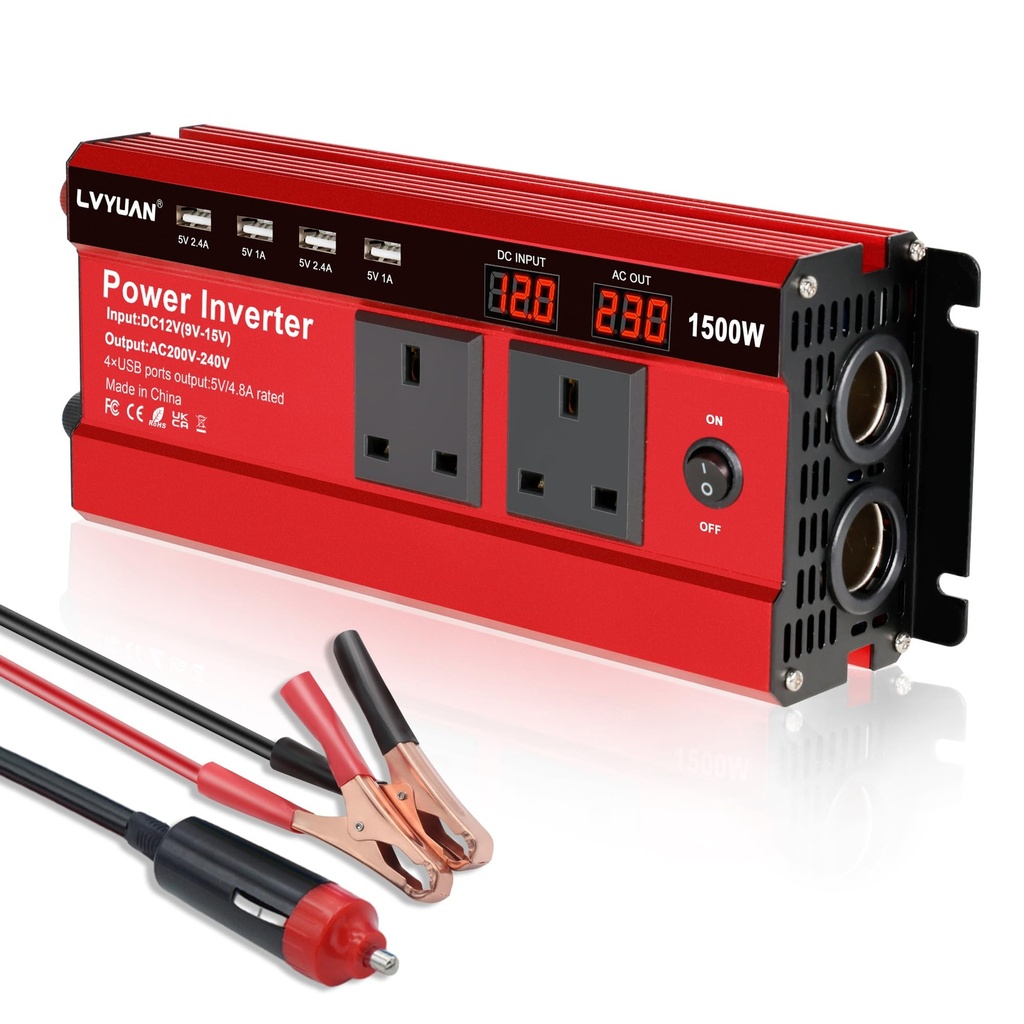 LVYUAN 1500W Power Inverter 12V to 240V AC Car Converter with 3.1A 4 USB 2 AC Sockets Dual