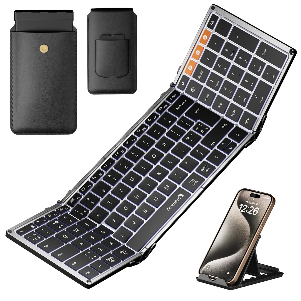 ProtoArc XK01 Plus Foldable Keyboard, Backlit Folding Portable Bluetooth Keyboard for Trave