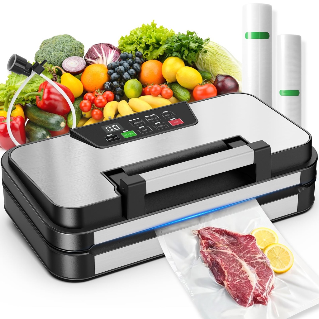 95kPa Vacuum Sealer Machine, 10-In-1 Multi Modes Vac Food Sealing System with Double Heat Sealer