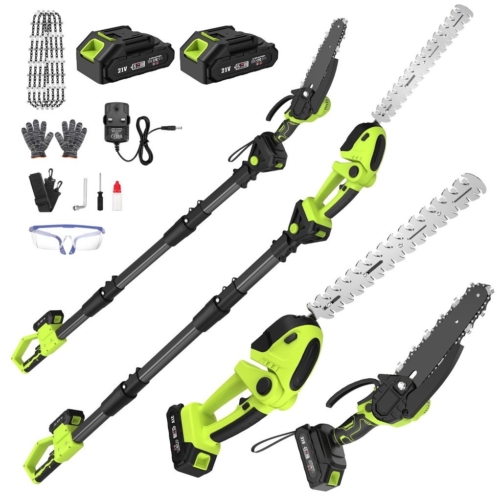 Cordless Pole Hedge Trimmer & Chainsaw Set, 2 * 4.0Ah Battery Rechargeable 7.05Ft Extension
