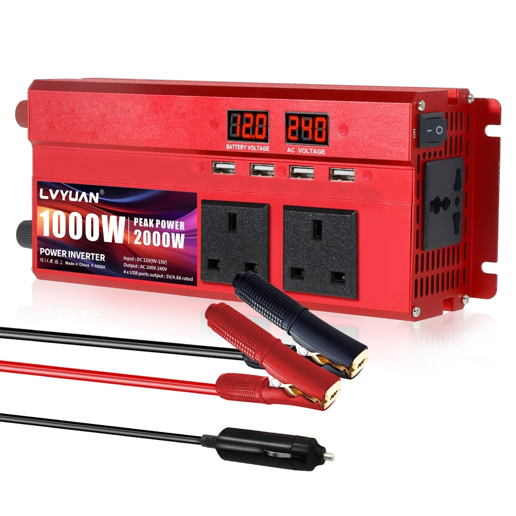 LVYUAN 2000W Inverter DC 12V to 240V AC Car Converter 1000W continous watt with 4 USB, 3 AC
