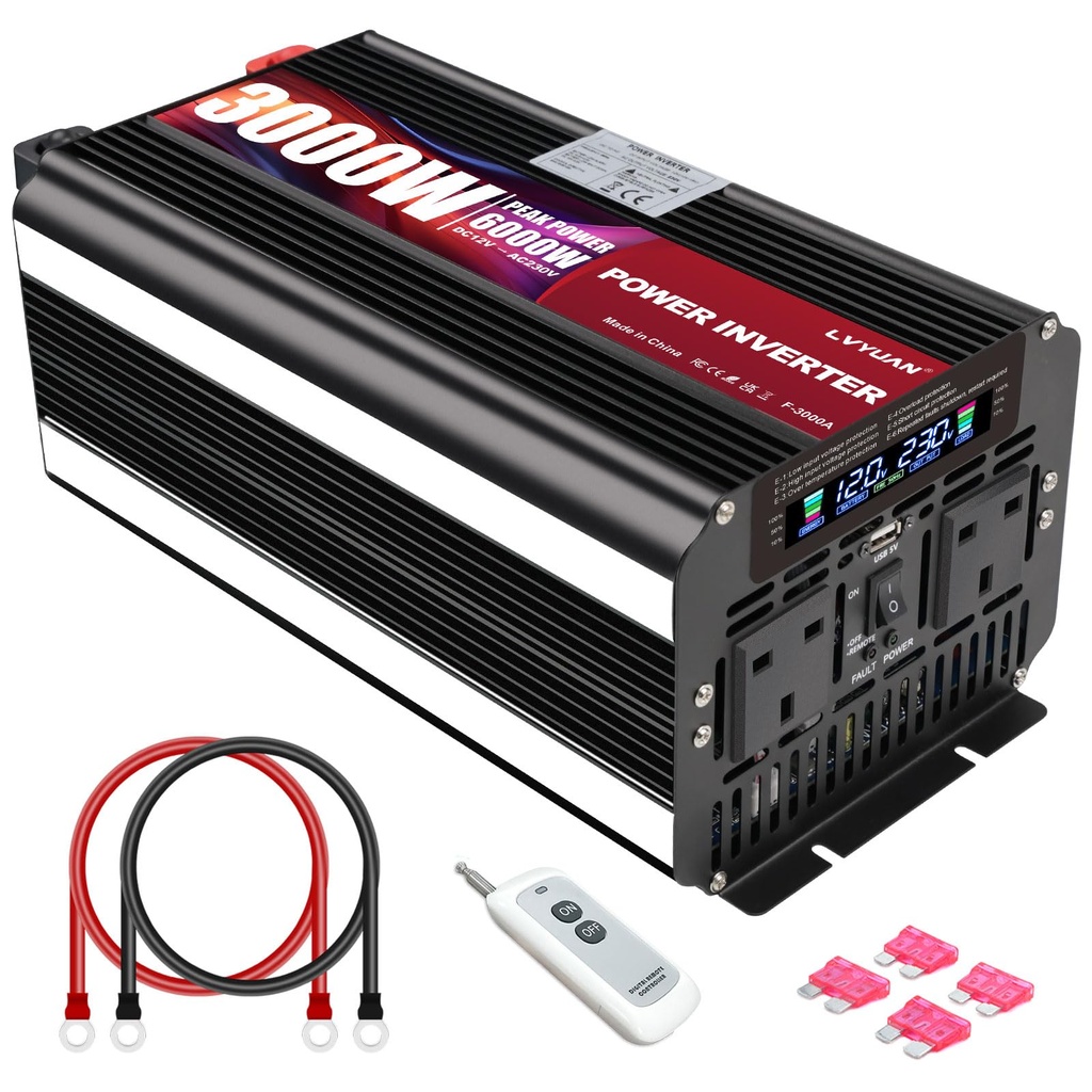 LVYUAN 3000W Power Inverter DC 12V to 240V AC Converter 6000W Peak with 2 AC Sockets 1 USB,