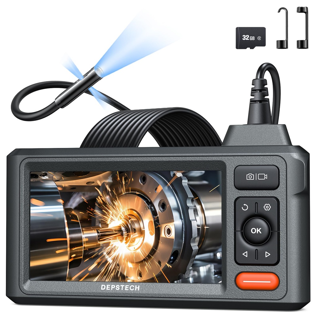 DEPSTECH Triple Lens Inspection Camera, 5" Display HD Endoscope with Light, 5m Flexible Wat