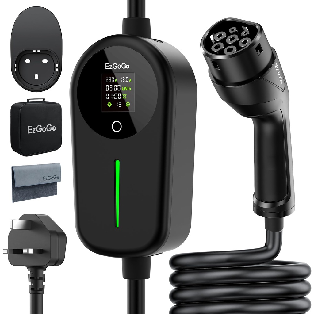 EzGoGo EV Charger 3 Pin Plug 49.21Ft/15M Type 2 Charging Cable 3kW, [6/8/10/13A] Electric Ca