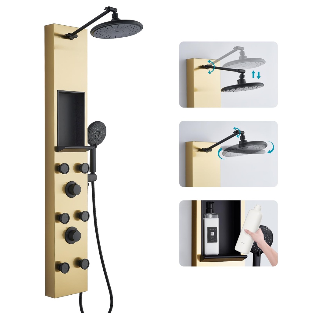 KEOKBON Shower Tower Panel with Niche Shelf and Height Adjustable 20cm Round Top Spray