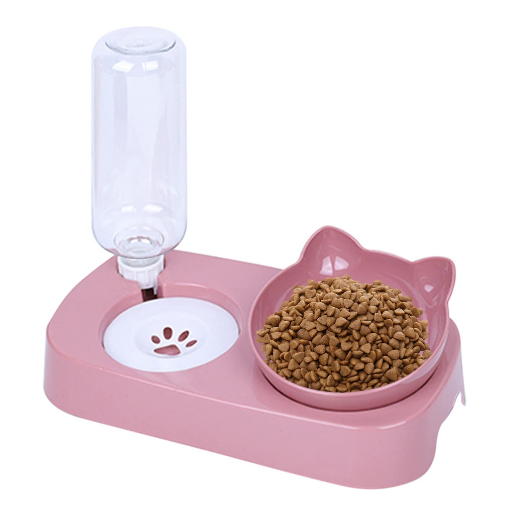 Cdemiy Cat Bowl, 15??Tilted Cat Bowl with Gravity Water bottle, Non-Slip Raised Cat bowl, K