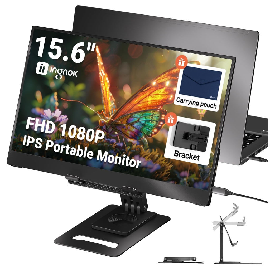 Ingnok 15.6" Portable Monitor, FHD 1080P IPS Ultra-Slim Travel Monitor with Kickstand, USB