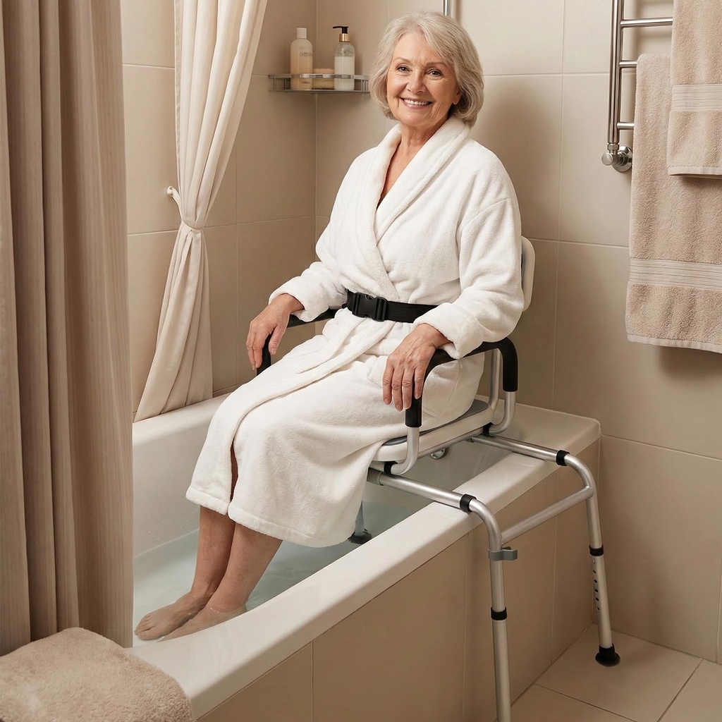 NEWTRY Sliding Bathtub Transfer Bench, 360??Swivel Shower Chair with 12-Level Height Adjust
