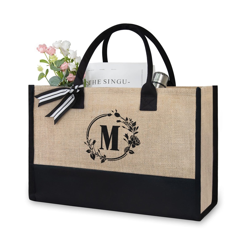 TOPDesign Initial Jute/Canvas Tote Bag, Personalized Present Bag, Suitable for Wedding, Bir