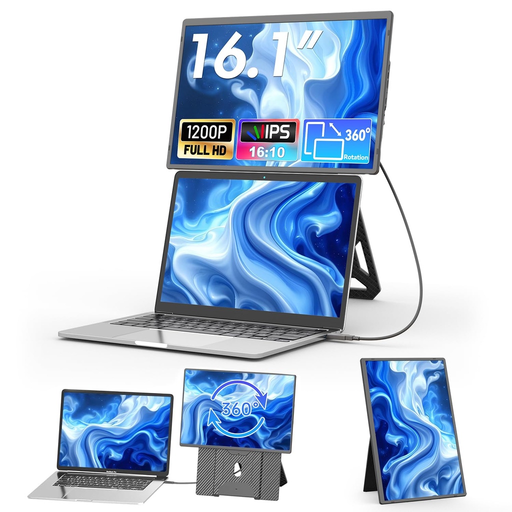 Teamgee 16.1" Laptop Screen Extender, FHD 1200P IPS Portable Monitor with Height-Adjustable