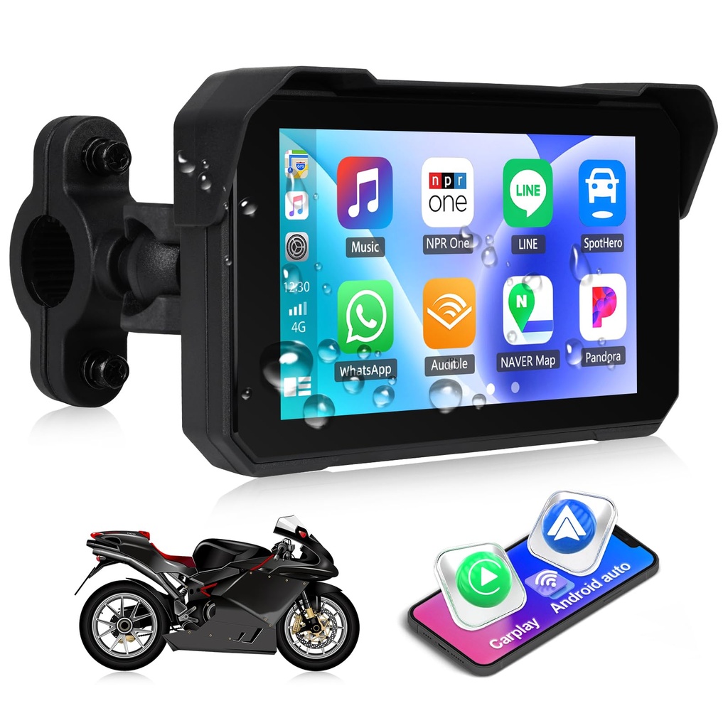 CAMECHO Motorcycle CarPlay Screen, Wireless CarPlay Android Auto, 5 Inch IP68 Waterproof 