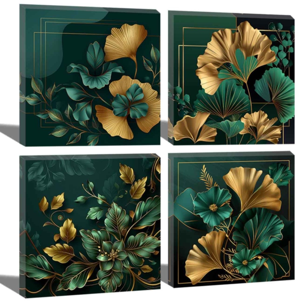 ZQQART Green and Gold Leaves Canvas Prints Art 4 Pieces Elegant Tropical Plant Paintings Eme