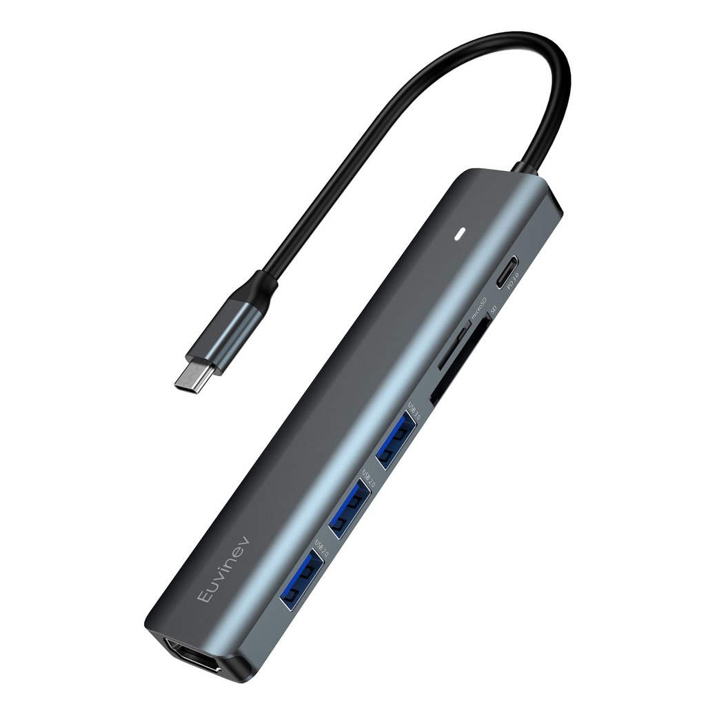 Euvinev USB C Hub, 7-in-1 USB C Multiport Adapter with 4K HDMI, PD 3.0, 3 USB-A Data Ports,