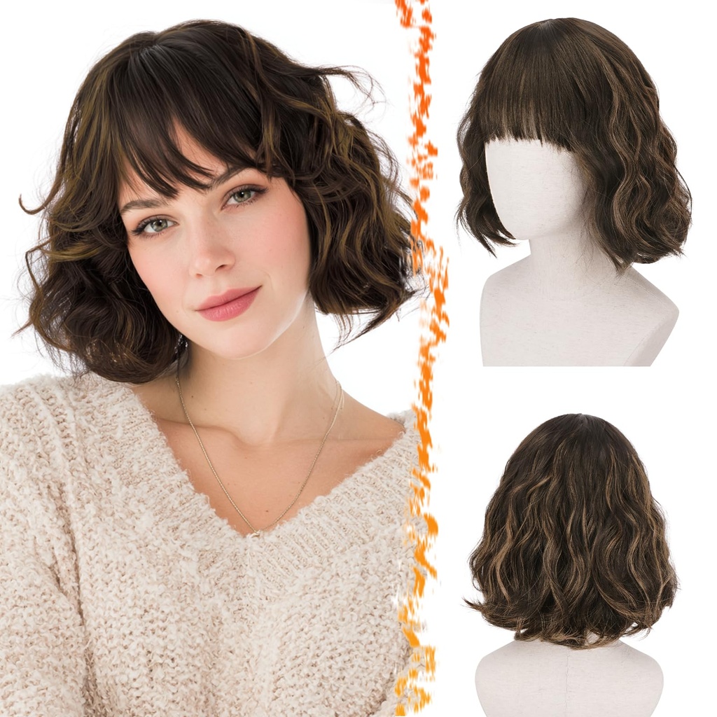 BARSDAR Short Wavy Wig with Bangs - Short Black Brown Mix Auburn Highlights Bob Wigs for Wo